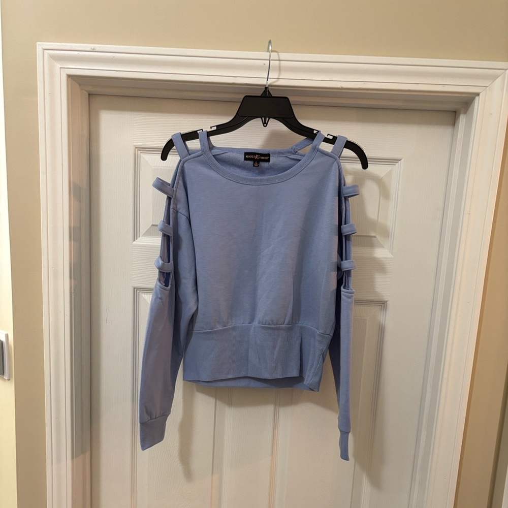 Almost Famous Light Blue Cutout Shoulder Sweatshirt
